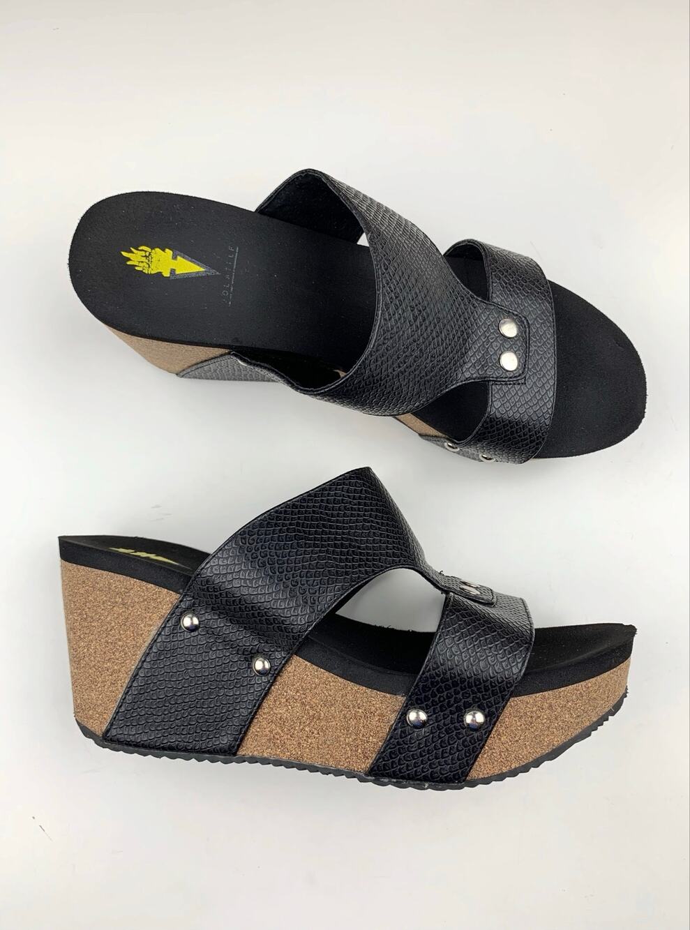 Volatile Platform Wedge Sandals Black Studded Straps Cork Heels Women's 8